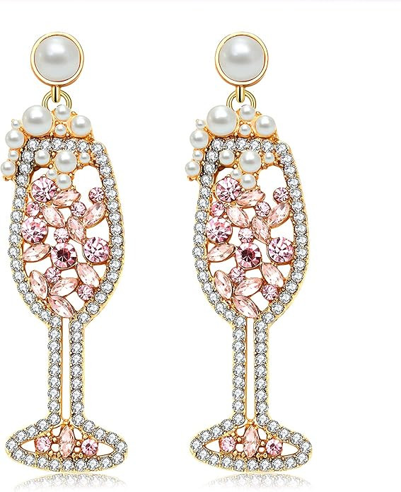 Champagne Wine Glass Earrings-Handmade Champagne Flute Earrings -Charm Rhinestone Crystal Pearl b... | Amazon (US)
