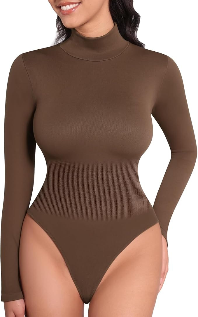 MANGOPOP Mock Turtleneck Long Sleeve Bodysuit Thong Shapewear Tummy Control Ribbed Seamless | Amazon (US)
