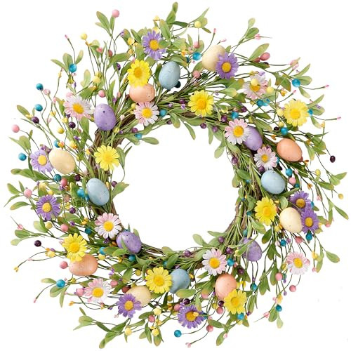Sggvecsy 20 Inch Easter Wreath Spring Wreath Artificial Flower with Colorful Eggs Daisies Berries Eucalyptus Leaves for Front Door Easter Summer Farmhouse Holiday Wall Home Window Decor | Amazon (US)