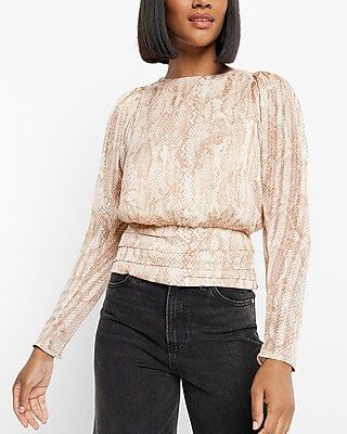 Snakeskin Print Crew Neck Puff Sleeve Banded Bottom Top | Express