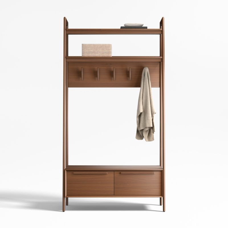 Tate Walnut Wood Hall Tree with Bench and Shoe Storage + Reviews | Crate & Barrel | Crate & Barrel
