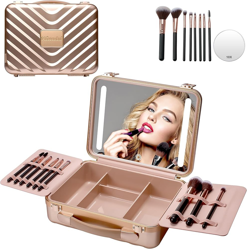 Mocado Travel Makeup Case with Lighted Mirror, Makeup Box with 8 Makeup Brushes and 10x Magnifyin... | Amazon (US)