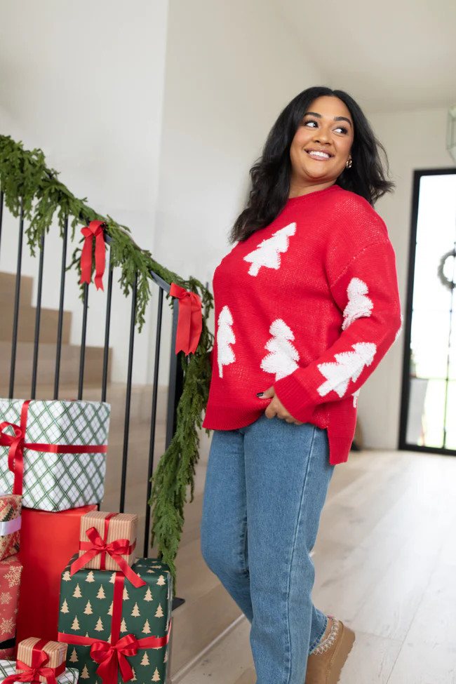 Under The Mistletoe Red Christmas Tree Sweater FINAL SALE | Pink Lily