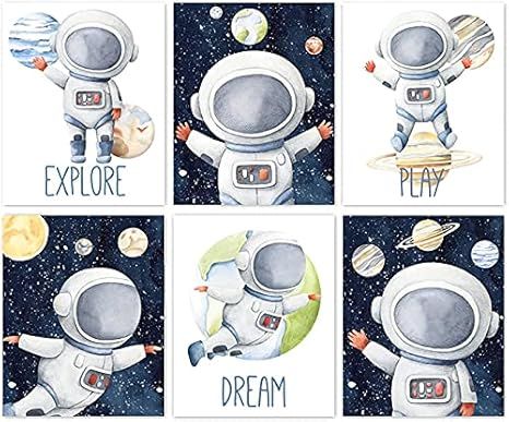 RUIYAN 6 Pieces Funny Inspirational Cartoon Outer Space Astronaut Planet Wall Art, Explore Dream ... | Amazon (US)