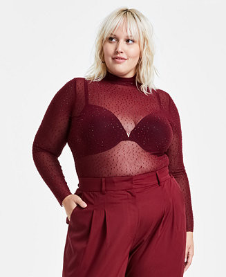 Bar III Trendy Plus Size Embellished Mesh Top, Created for Macy's - Macy's | Macy's
