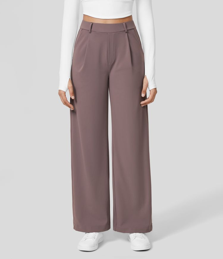 High Waisted Plicated Side Pocket Straight Leg Work Pants | HALARA