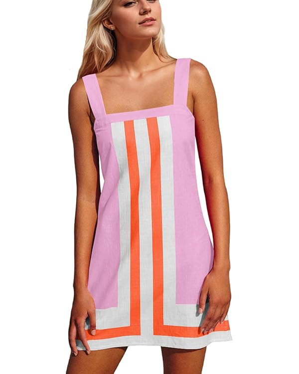 Women Striped Mini Dress Color Block Summer Square Neck Short Dress Sleeveless Backless Beach Cov... | Amazon (US)