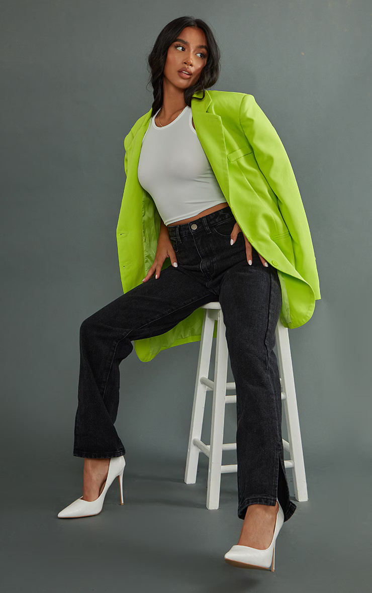 Petite Black Straight Leg Split Hem Jeans | Petite | PrettyLittleThing US