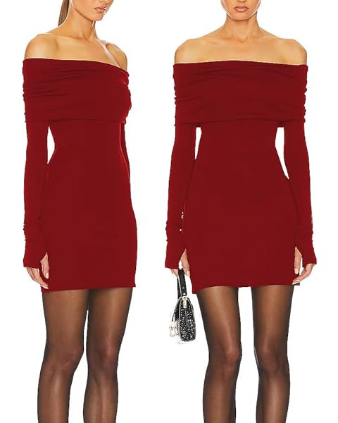 Azhong Women's Sexy Off The Shoulder Long Sleeve Dresses Bodycon Backless Double Lined Club Party... | Amazon (US)