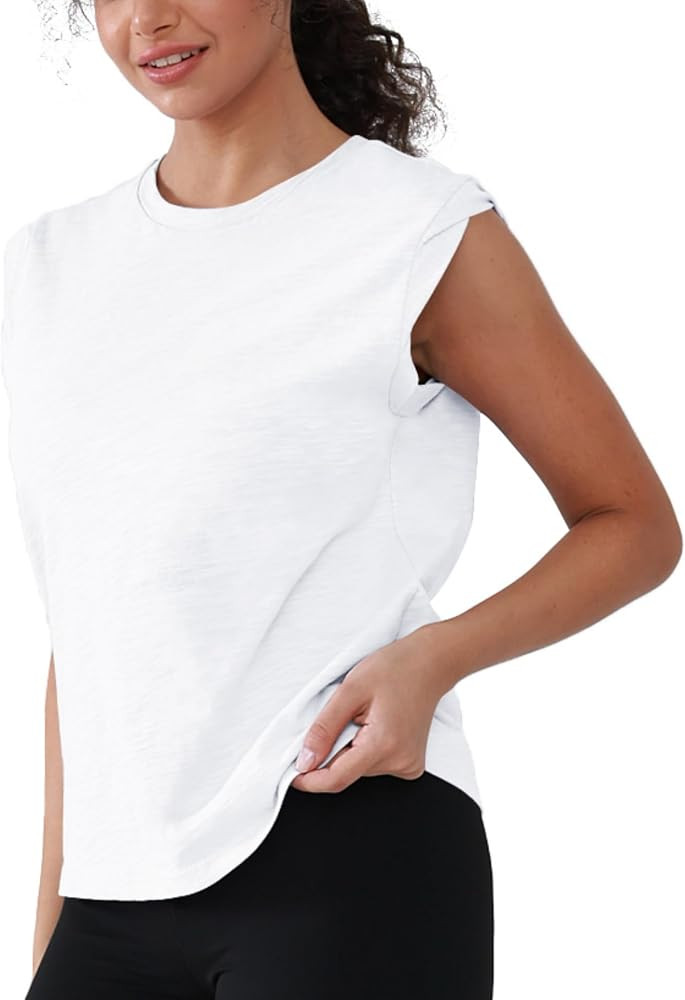 Women's Cotton Tank Tops - Gym to Office Sleeveless Shirts with Rolled Sleeve,4-Way Stretch Sleev... | Amazon (US)