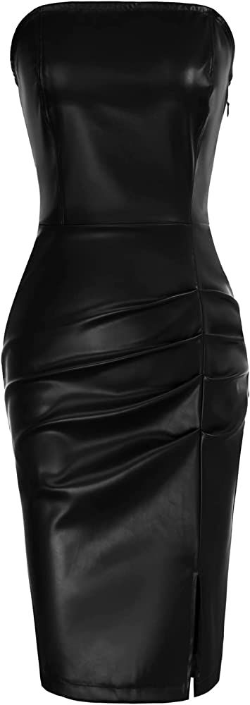 GRACE KARIN Women's Strapless Leather Dress Ruched Bodycon Split Party Mini Dress | Amazon (US)