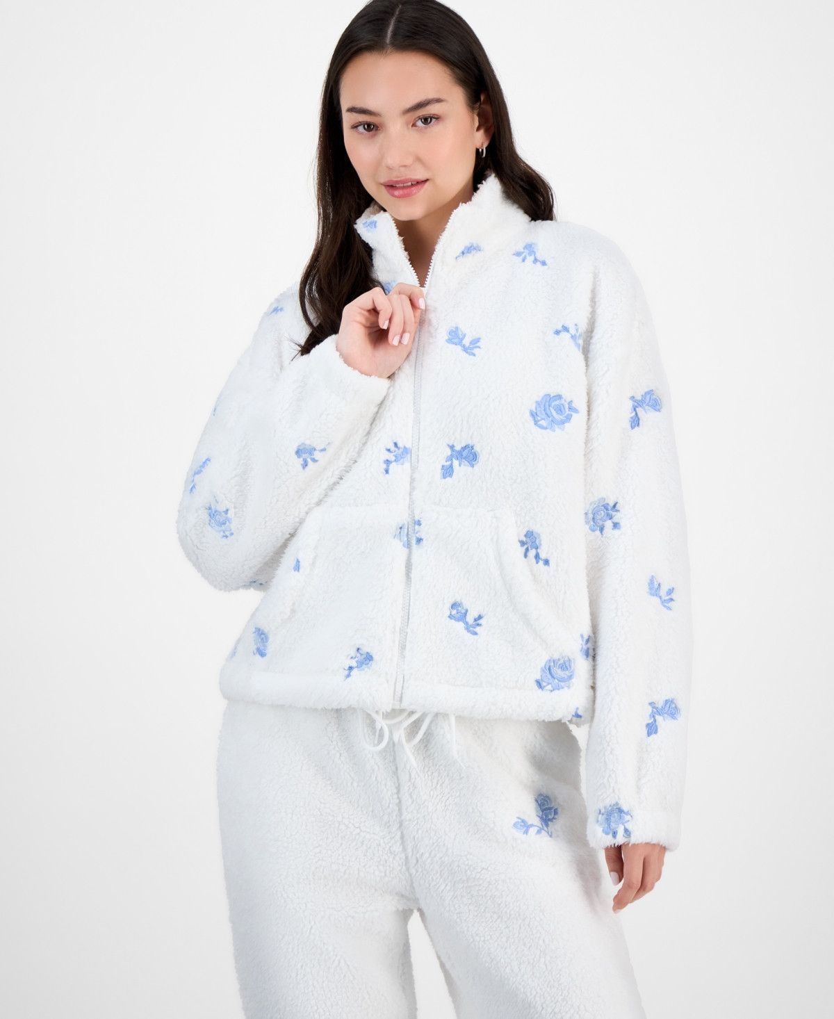 Madden Girl Juniors' Embroidered Zip-Up Sherpa - White Floral | Macy's