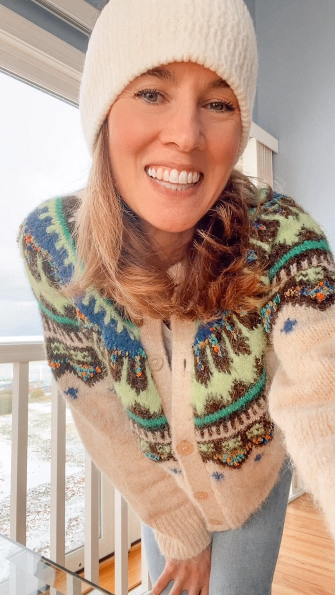 Sweater of the day: Fair Isle Urban Outfitters Off white cardigan layered over  LOFT crewneck long sleeve fitted tee with Gold hoop earrings and gold Gorjana chain necklace #over40style #urbanoutfitters #fairisle #cardigan #winteroutfit #OOTD

#LTKOver40 #LTKFindsUnder100 #LTKdayinmylife