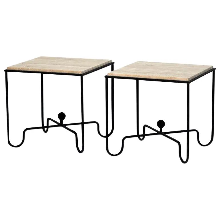 Contemporary "Entretoise" Wrought Iron and Travertine Tables - a Pair | Chairish