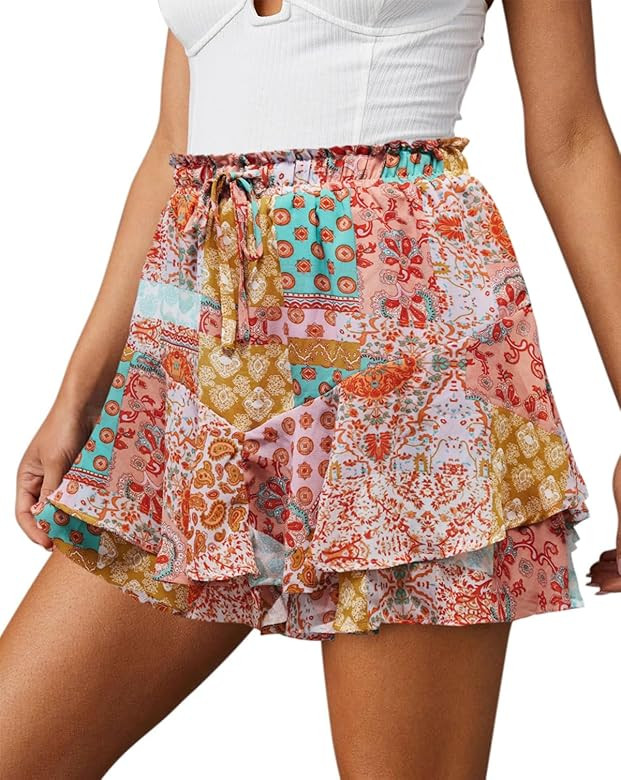 Flowy Shorts for Women Casual Boho Floral Skorts Ruffle Mini Skirts Running Tennis Butterfly Chif... | Amazon (US)