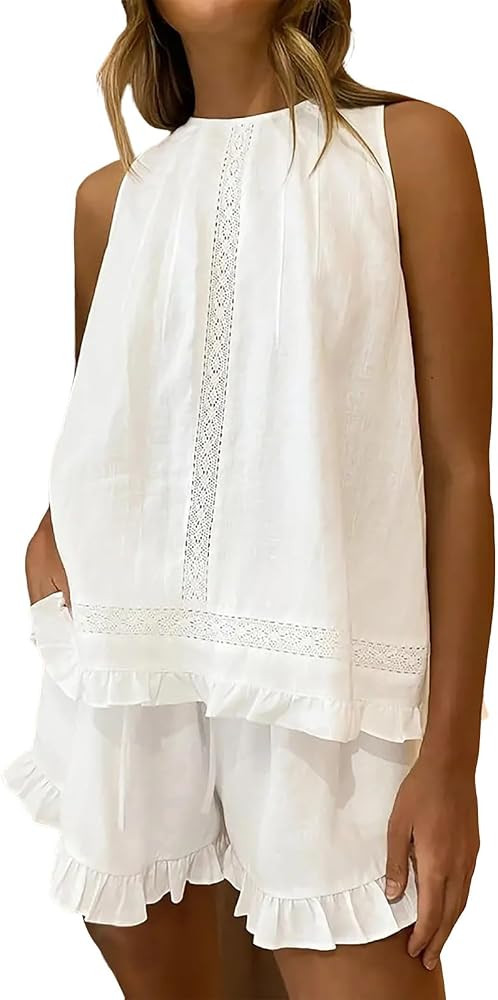 NSICBMNO Womens Shorts Co Ord Sets Summer 2 Piece Outfits Crochet Lace Tank Top Long Loose Vest T... | Amazon (UK)