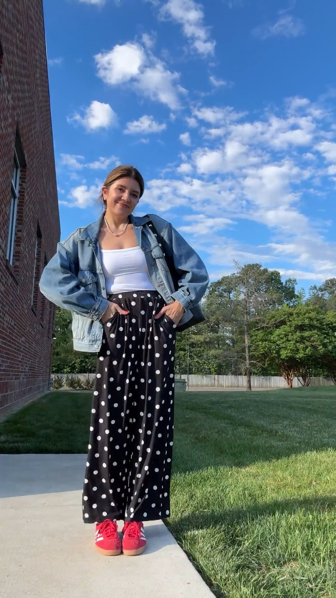 Today’s outfit! Mom outfit with the cutest polka dot pants with an elastic waist!! Medium in pants, small in built in bra tank top, small in denim jacket, red adidas. I’m 5’7” 

#LTKmomlife #LTKootd #LTKOver40