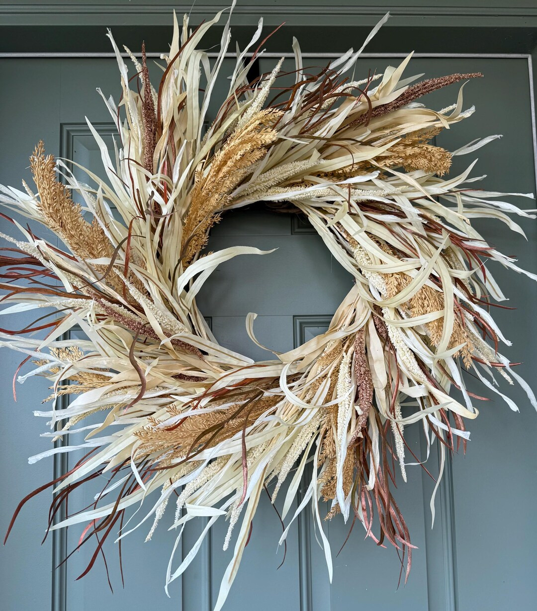 Large Fall Autumn Cornhusk & Wheat Wreath - Etsy | Etsy (US)