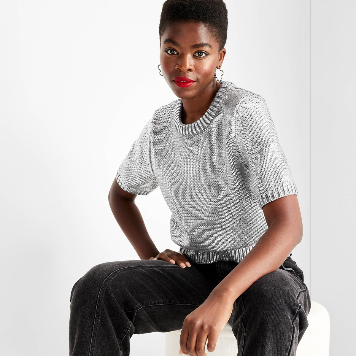 Women's Short Sleeve Crewneck Sweater - Future Collective Metallic Gray | Target