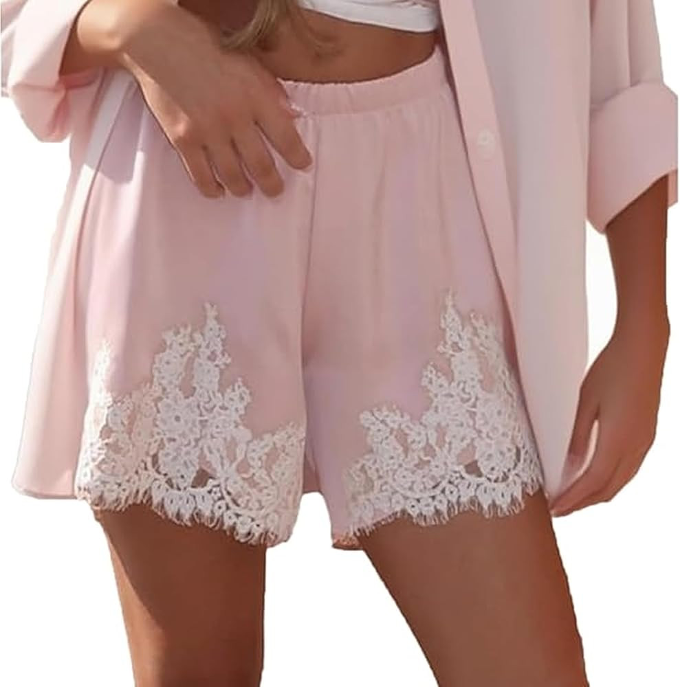 Women's Y2k Lace Trim Satin Pajama Boxer Shorts Elastic Waist Wide Leg Coquette Pj Sleepwear Shor... | Amazon (US)