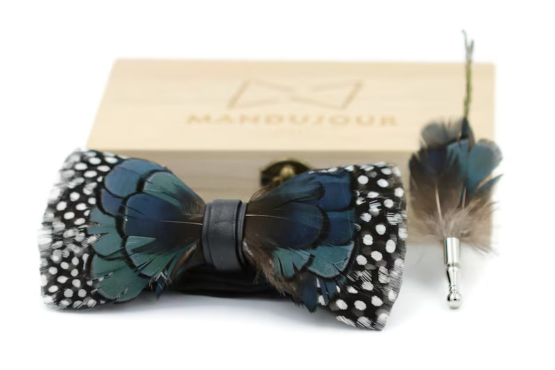 Handmade Feather bowtie - Polka-dot Blueish Pheasant Feathers Bow Ties lapel Pin Set - Mandujour ... | Etsy (US)