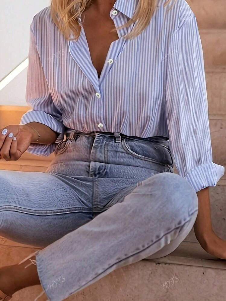Women's Striped Long Sleeve Single Button Casual Shirt | SHEIN