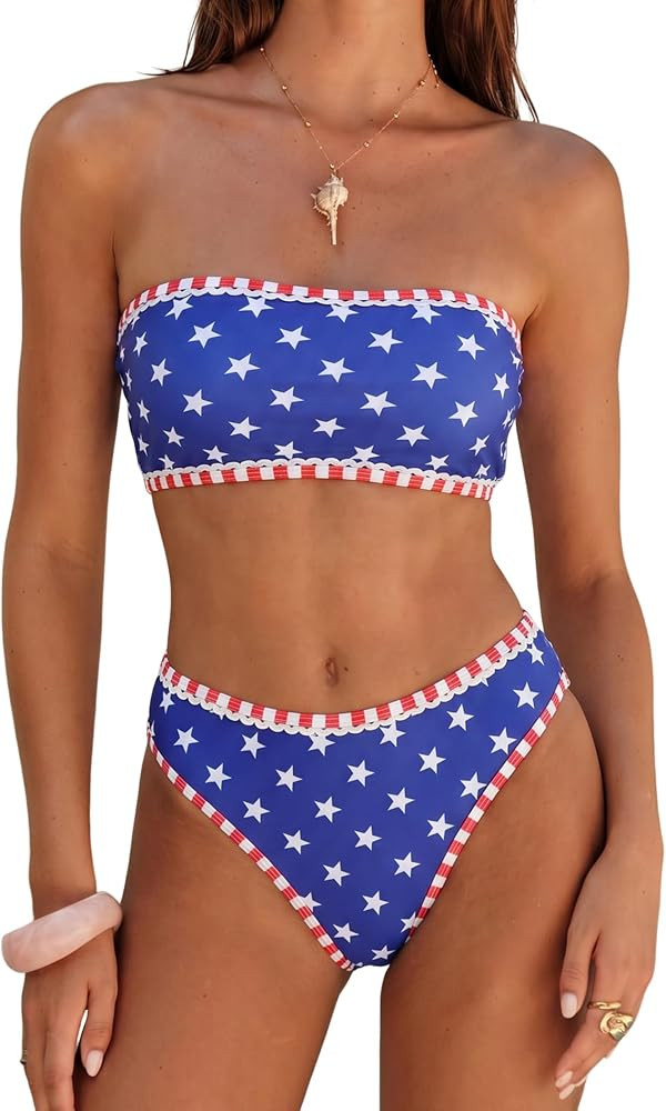 ZAFUL Bikini Set for Women Strapless Textured Bandeau Bikini Two Piece Swimsuit Lace up Bathing S... | Amazon (US)