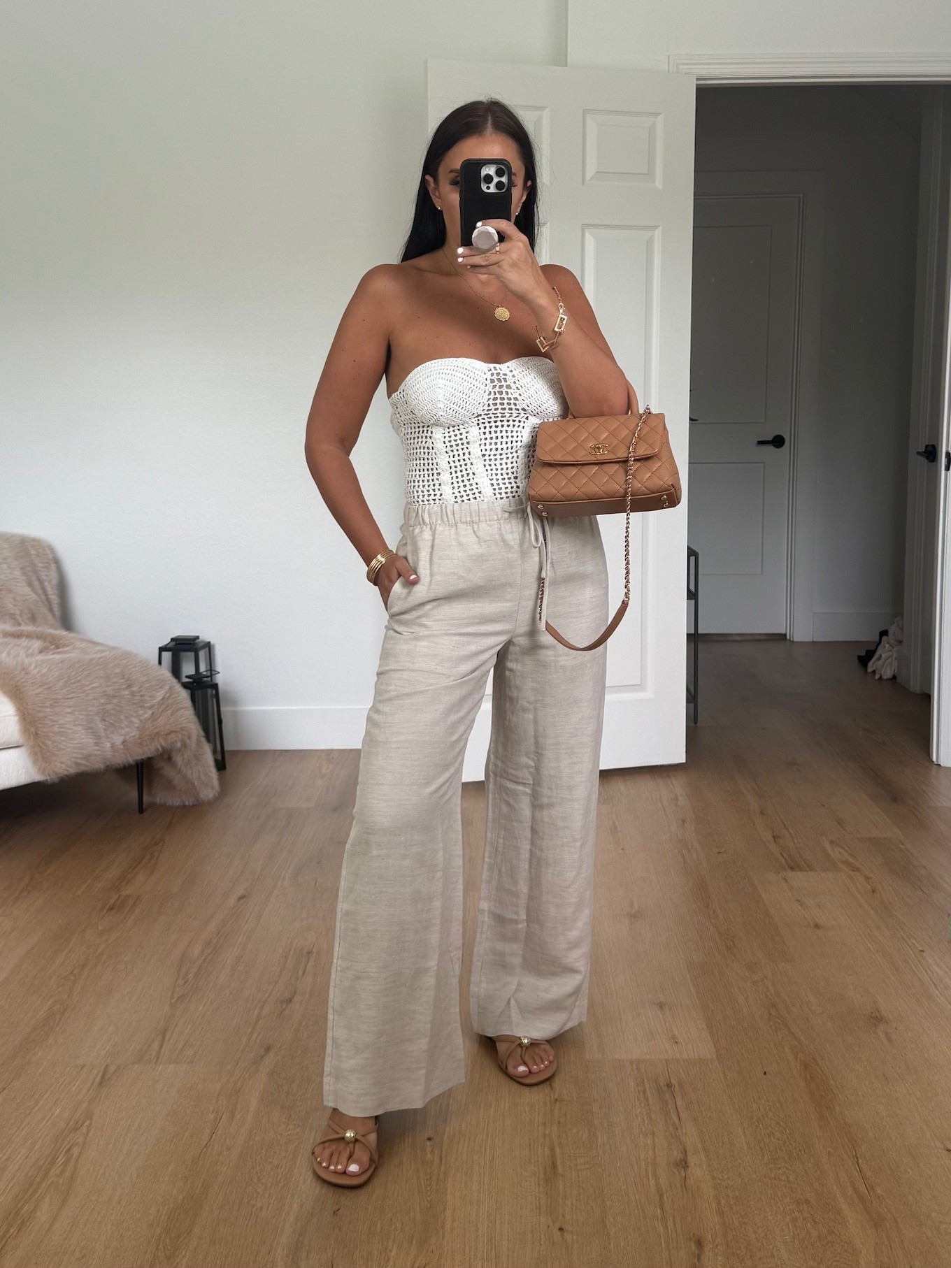 JLUXLABEL Want It All Open Stitch Strapless Bustier Top wearing size medium. The Lodge Pant™ - Crepette™ wearing size small. 