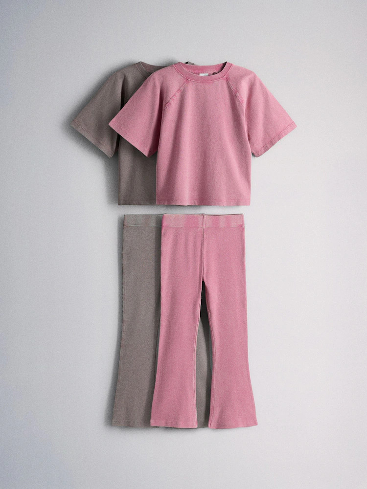 The Set 2 Pack Washed Jersey Short Sleeve T-Shirts and Rib Kickflare Leggings Pink | Next US