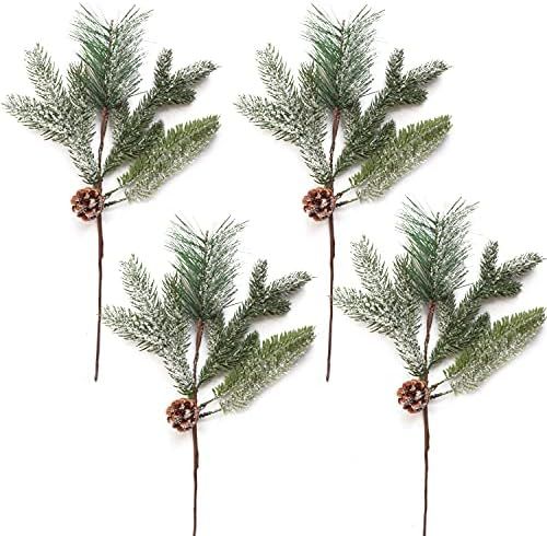 4Pcs Snowy Christmas Pine Picks Sprays Artificial Pine Needles Branches with Pine Cones Frosted Gree | Amazon (US)