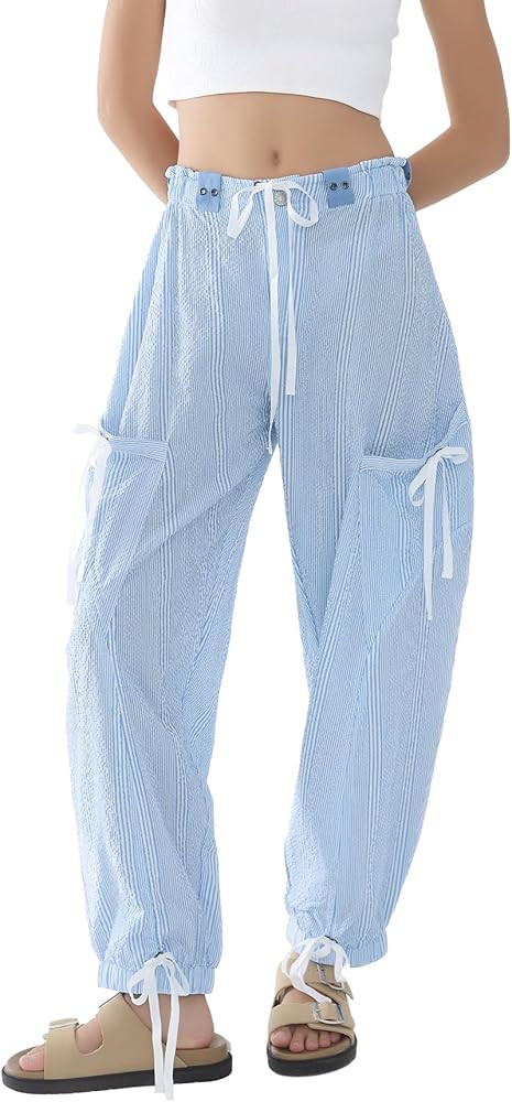 EZAPINE Women Striped Barrel Pants Drawstring Casual Baggy Boyfriend Y2K Streetwear Parachute Pan... | Amazon (US)