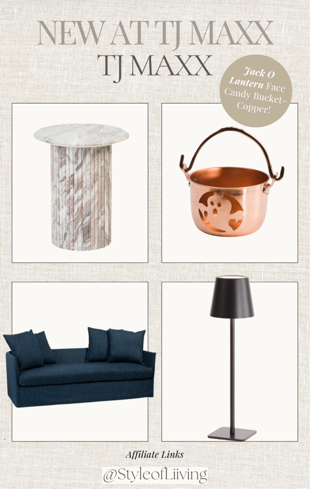 New at TJ Maxx! Sofa, marble side table, Halloween candy bucket, led table lamp rechargeable. Home decor and furniture! @styleofliiving #styleofliiving

#LTKHome #LTKSaleAlert #LTKFindsUnder100