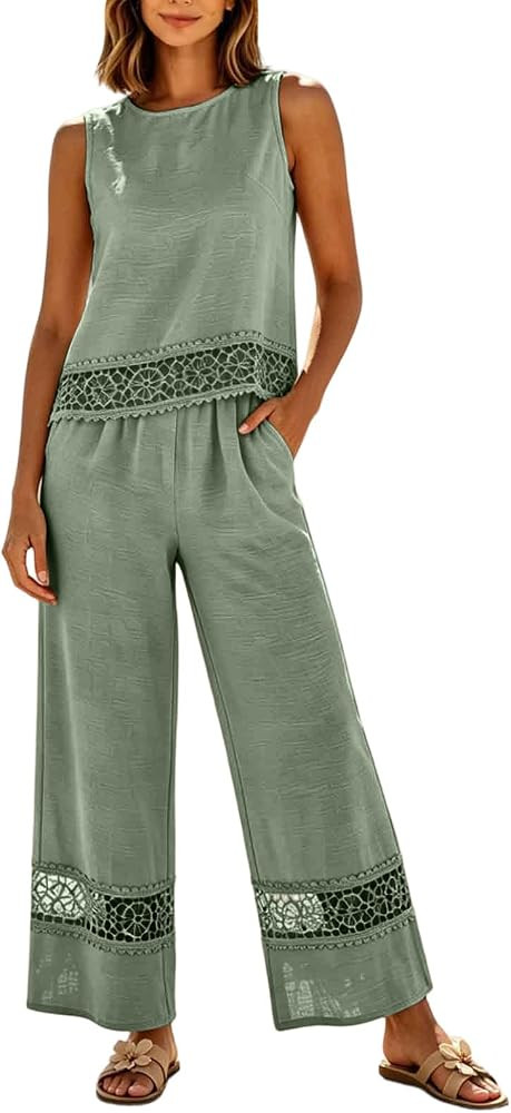 Summer Sets for Women 2 Piece Lace Sleeveless Crop Top Round Neck Wide Leg Beach Lounge Travel Se... | Amazon (US)