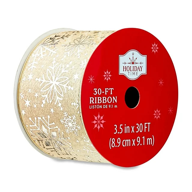 Gold Foil Snowflake Print Christmas Ribbon, 25 ft, by Holiday Time - Walmart.com | Walmart (US)