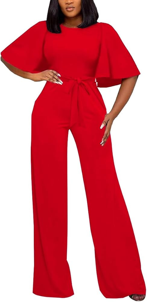BessCops Womens Loose Short Sleeve Belted Wide Leg Pant Romper Jumpsuit Casual Business One Piece... | Amazon (US)