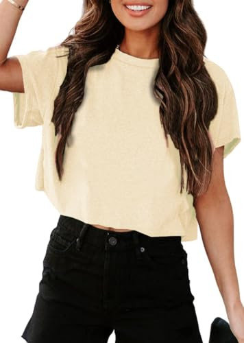 UNCLECAT Women's Cropped T Shirts Trendy Short Sleeve Crew Neck Crop Tops Solid Basic Tee | Amazon (US)