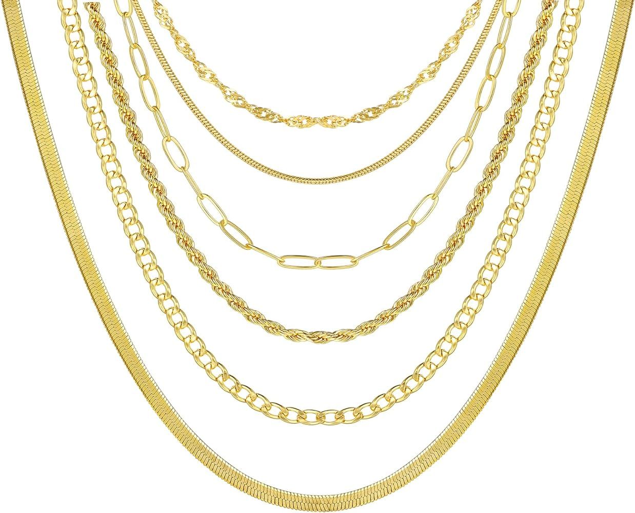 FAXHION Gold Layered Chain Necklace Set for Women, 7PCS 14K Gold Plated Snake Choker Necklaces，... | Amazon (US)