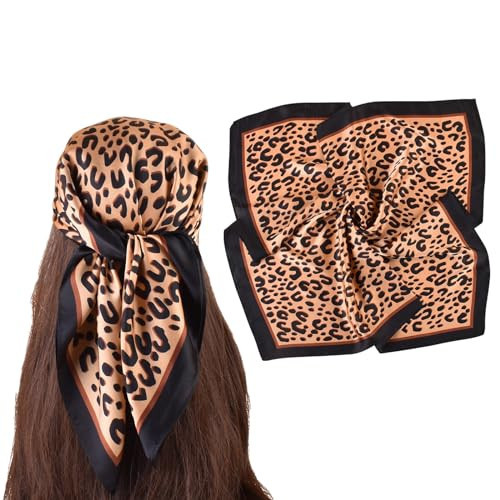 EIysee 27.5''Satin Large Square cheetah print scarf for Women leopard head scarf-Satin Hair Scarf Silk Wrap Neck Square Scarve (Leopard coffee) | Amazon (US)