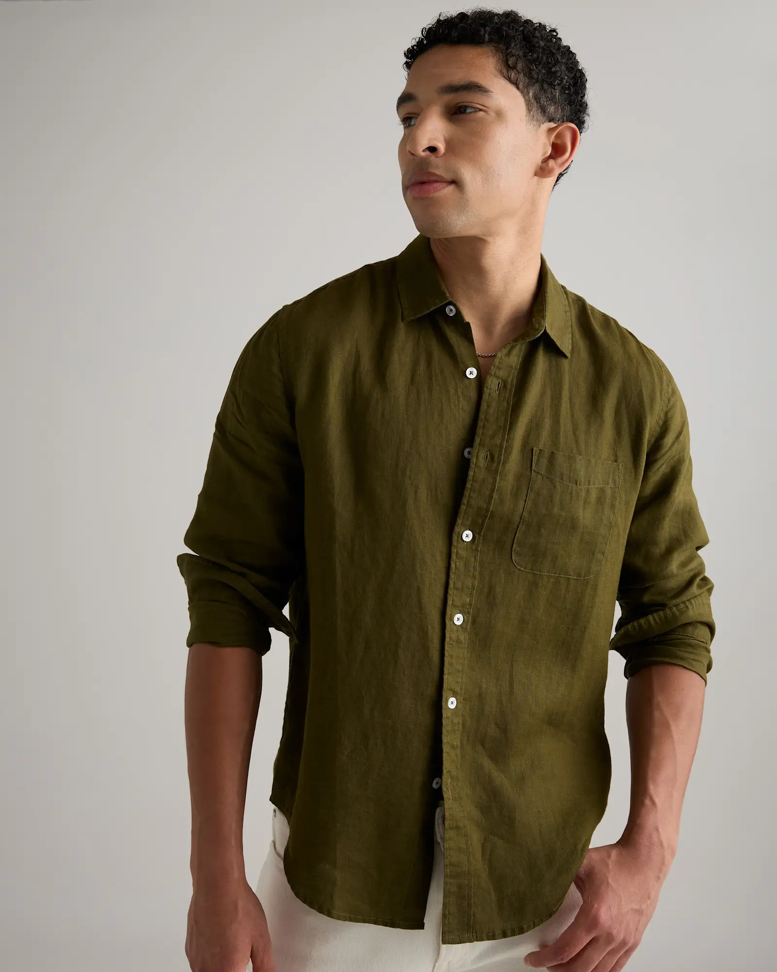 100% European Linen Relaxed Long Sleeve Pocket Shirt in Martini Olive | Quince