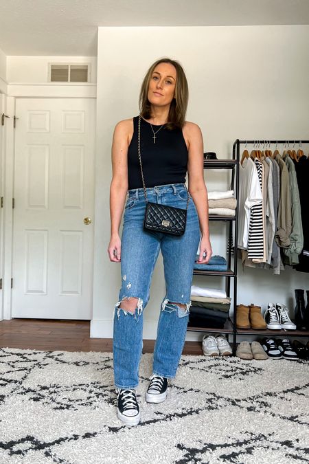 Summer outfit idea. Casual outfit idea. Tank top bodysuit. Abercrombie blue jeans. Converse high tops. 

Sizing
Bodysuit is a medium.
Jeans are 4/27 regular.
Shoes fit TTS.

#LTKunder100 #LTKSeasonal #LTKunder50