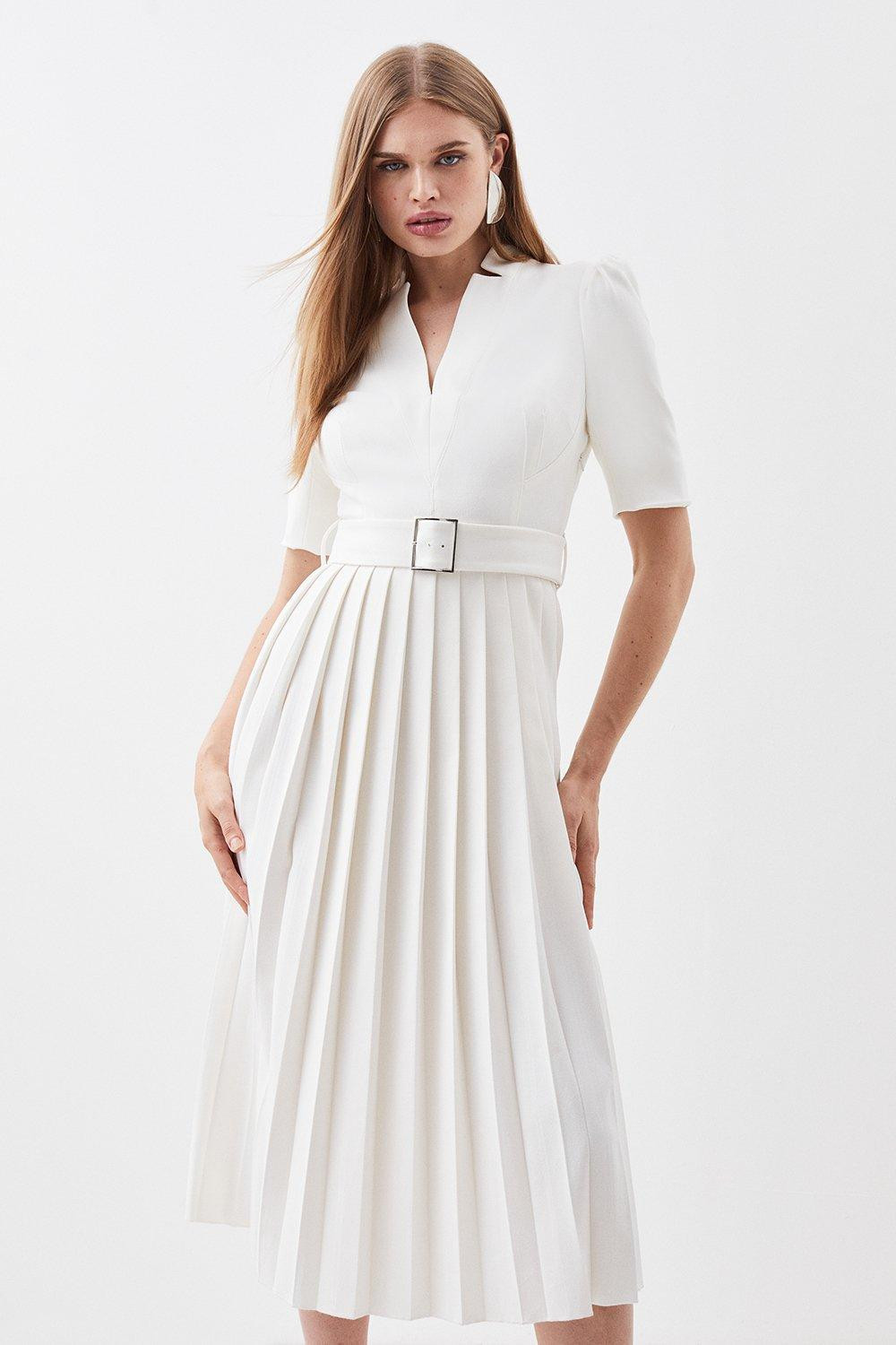 Tailored Structured Crepe Forever Pleat Belted Midi Dress | Karen Millen UK + IE + DE + NL