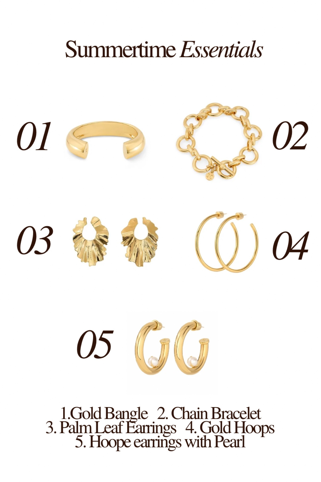 Gold jewelry. Essentials. Christina Caruso. Gold hoops. Gold link bracelet. Gold bangle. 