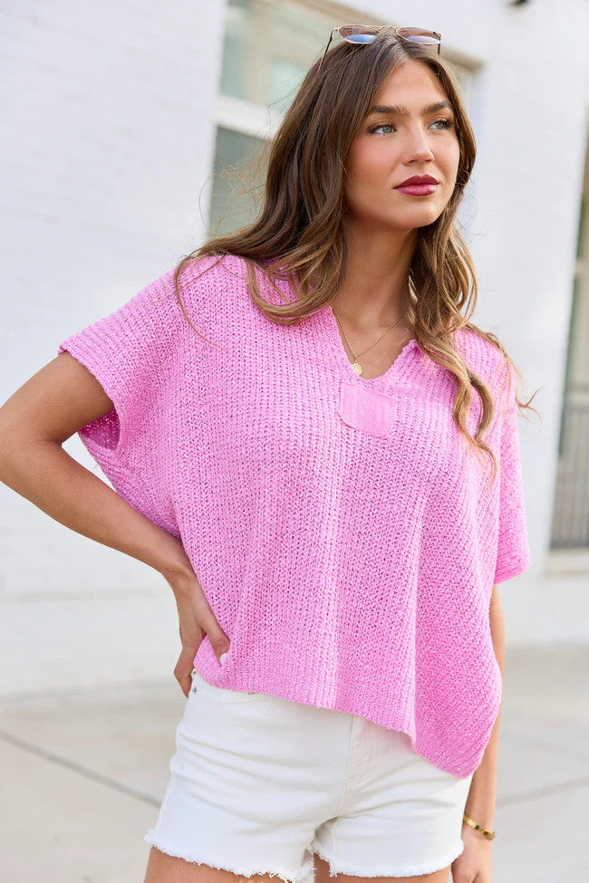 Alana Pink Open Knit Short Sleeve Sweater | Pink Lily