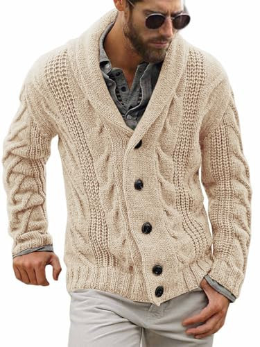 Mens Cardigan Sweater Cable Knit Shawl Collar Cardigans | Amazon (US)