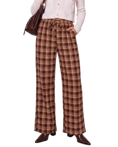 GRAPENT Plaid Pants for Women Wide Leg Elastic Waist Baggy Pull On Trousers | Amazon (US)