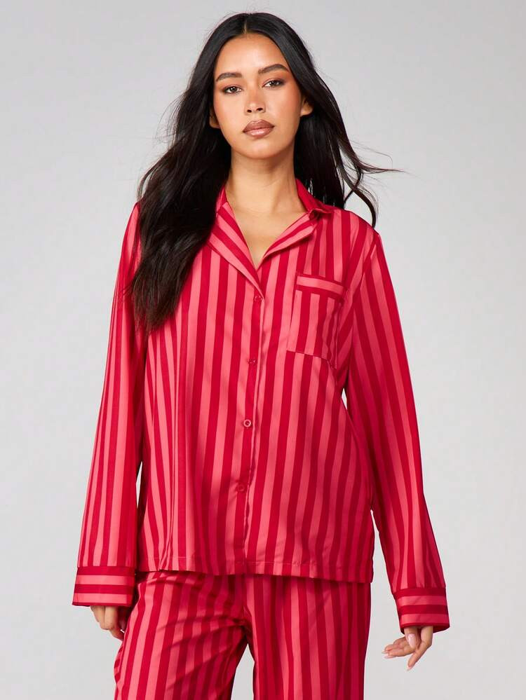 MISSGUIDED Striped Long Sleeve Button Up Pajama Set For Women Comfort Sleepwear Lounge | SHEIN