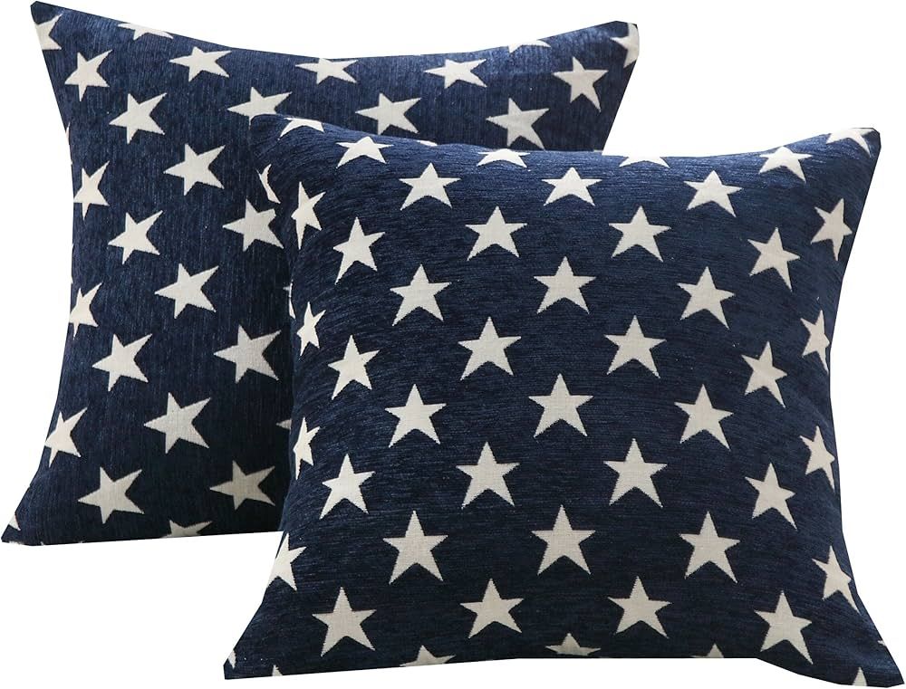 Set of 2 Soft Chenille Decorative Patriotic Throw Pillow Cover Case Geometric Stars July 4th Acce... | Amazon (US)