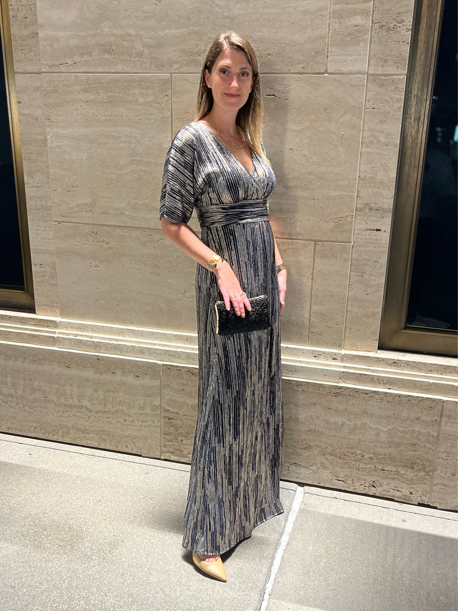 Pre Valentines Day festivities in this fabulous black and gold maxi dress. Love the sleeves and crepe fabric — it’s so soft and comfortable. Perfect for a date night, special occasion or wedding guest.

Dress runs large. I’m wearing a size small. 

Note: this dress runs very long. For reference I am 5’10 and wearing 3” heels and the dress is to the floor. 