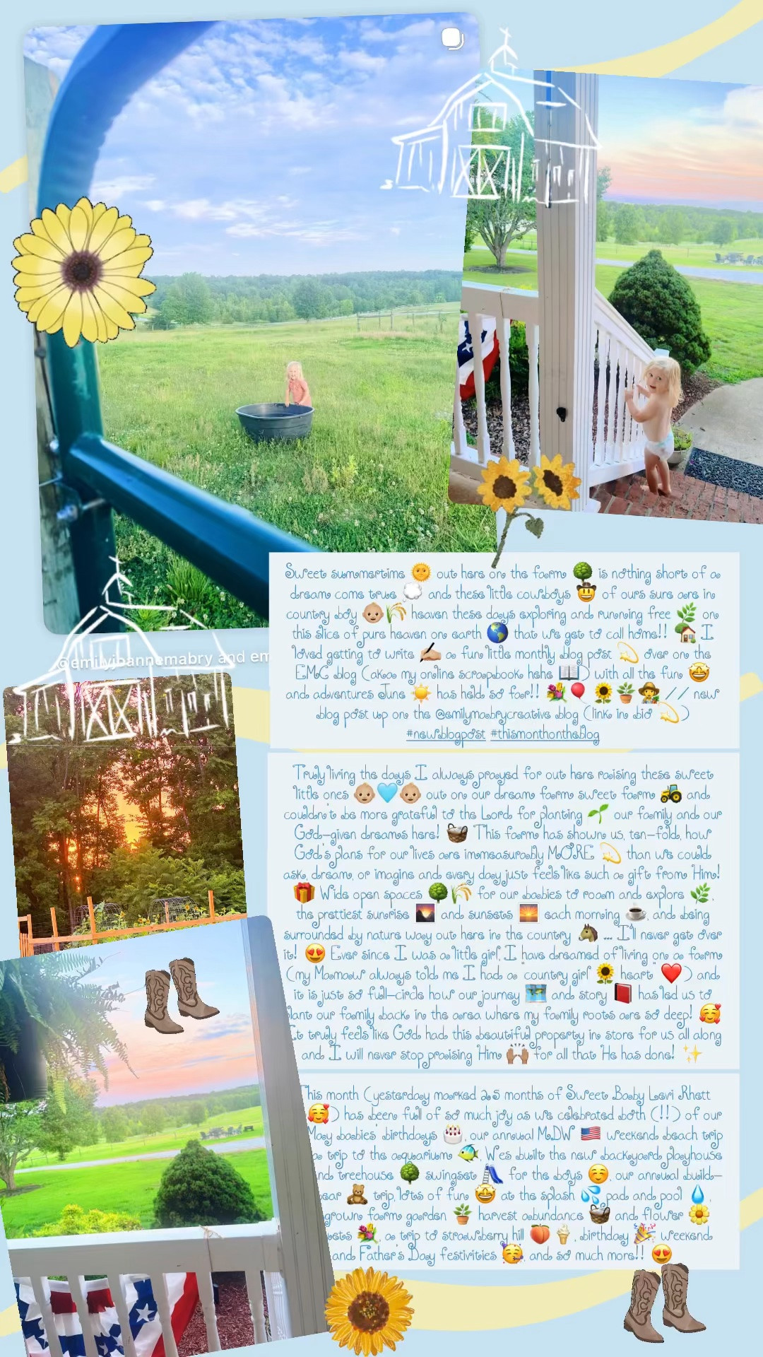 Truly living the days I always prayed for out here raising these sweet little ones 👶🏼🩵👶🏼 out on our dream farm sweet farm 🚜 and couldn’t be more grateful to the Lord for planting 🌱 our family and our God-given dreams here! 🧺 This farm has shown us, ten-fold, how God’s plans for our lives are immeasurably MORE 💫 than we could ask, dream, or imagine and every day just feels like such a gift from Him! 🎁 Wide open spaces 🌳🌾 for our babies to roam and explore 🌿, the prettiest sunrise 🌄 and sunsets 🌅 each morning ☕️, and being surrounded by nature way out here in the country 🐴 … I’ll never get over it! 😍 Ever since I was a little girl, I have dreamed of living on a farm (my Mamaw always told me I had a “country girl 🌻 heart” ❤️) and it is just so full-circle how our journey 🗺️ and story 📕 has led us to plant our family back in the area where my family roots are so deep! 🥰 It truly feels like God had this beautiful property in store for us all along and I will never stop praising Him 🙌🏽 for all that He has done!