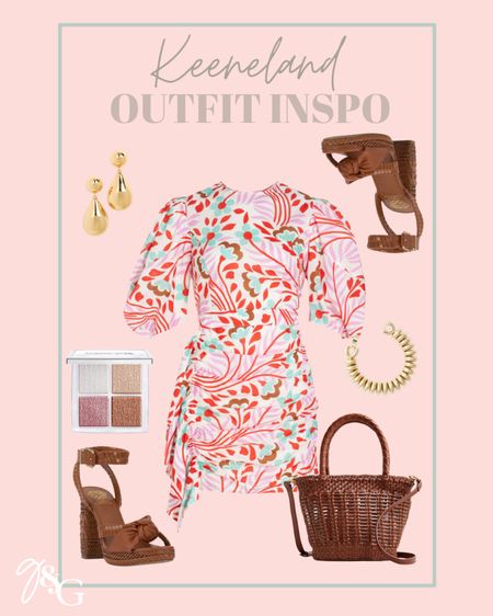 Keeneland outfit inspo // spring outfit idea // printed mini dress, woven heels, gold drop earrings 

#LTKfindsunder100 #LTKSeasonal #LTKshoecrush